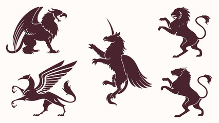 Fototapeta premium Fantastical Beasts with Gryphons, Chimeras, Phoenixes, and Hybrids Flat Icon Silhouettes
