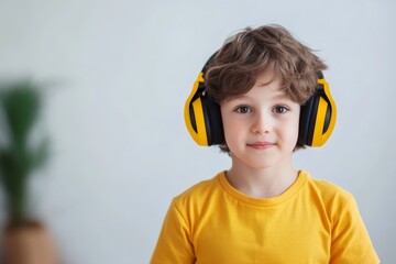 Young boy with headphones enjoying music indoors in a bright, cheerful environment