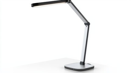 A modern desktop lamp with adjustable arms, standing on a clean desk, on a white isolated background