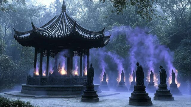Serene Asian Garden with Mystical Mist and Statues in Enchanting Tranquil Landscape