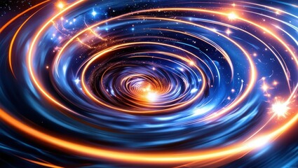Obraz premium Swirling cosmic vortex, vibrant blue and orange energy streams, galactic spiral, dynamic space scene, celestial whirlpool, interstellar light trails, abstract cosmic art, deep space nebula, astronomic