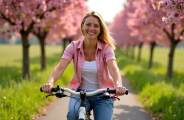 Naklejka premium woman riding a bicycle under cherry blossom trees on a sunny day