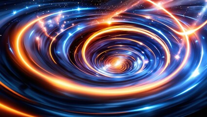 Obraz premium Swirling cosmic vortex, vibrant blue and orange energy streams, galactic spiral, dynamic space scene, celestial whirlpool, interstellar light trails, abstract cosmic art, deep space nebula, astronomic