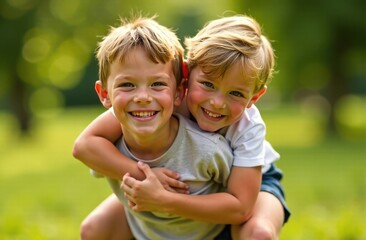 kids playing outdoors, one giving piggyback ride, sunny day in the park, summer fun. Concept of outdoor play, childhood joy, playful bonding
