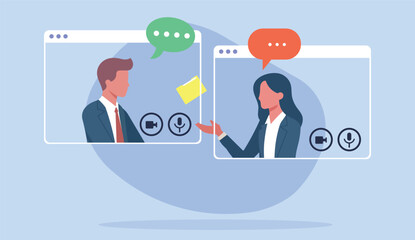 Illustration of virtual meeting with two business professionals in video call windows, exchanging a digital file. Perfect for concepts like remote work, online collaboration, or virtual communication