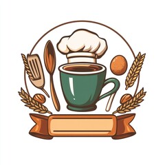 Cooking emblem with cup, spoon, spatula, hat, egg, grain, and blank banner