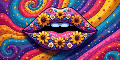 Vibrant Floral Lips on a Psychedelic Swirl Background A Whimsical and Colorful Illustration of Joyful Expression