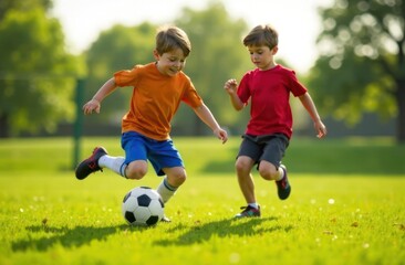 Obraz premium boys playing soccer, young kids in orange and red shirts enjoying game on grassy field - concept of sports fun, childhood play, outdoor activity