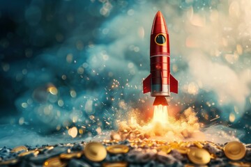 Fototapeta premium Red rocket taking off from a pile of gold coins, symbolizing a successful business startup and financial growth