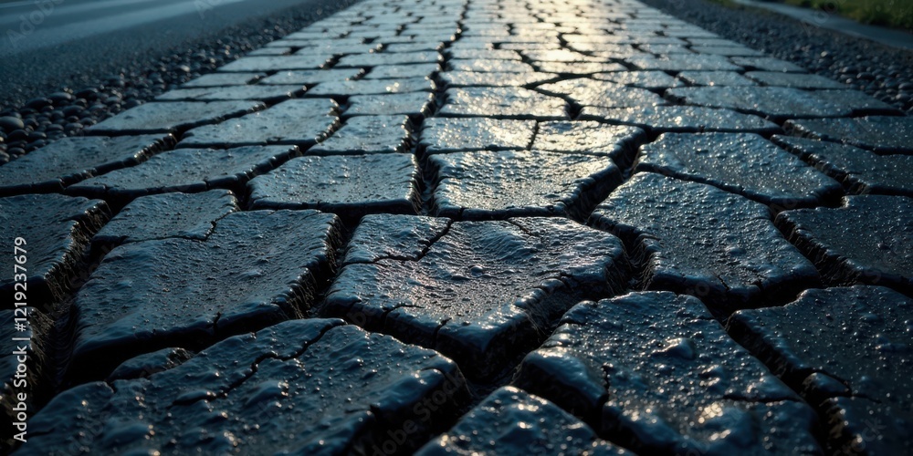 Poster dark cobblestone path a low angle perspective of wet, reflective paving stones