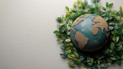 A globe surrounded by green leaves, symbolizing environmental awareness and sustainability