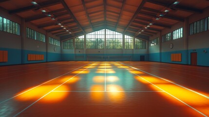 Empty indoor sports hall with sunlight streaming through windows.