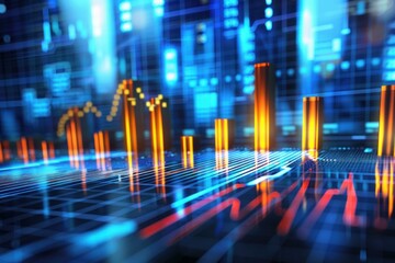 Orange bar charts are growing showing increasing profits on a futuristic digital interface with blue and red glowing lines