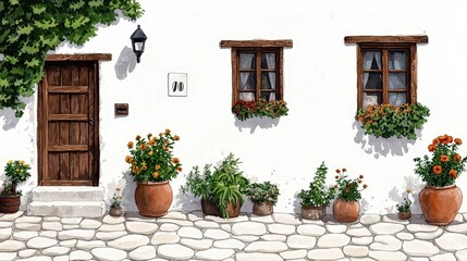 Charming White House with Wooden Door and Flower Pots on a Cobblestone Pathway
