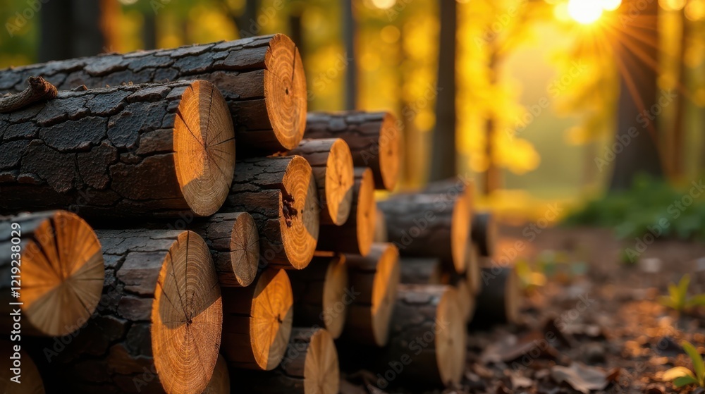 Poster Golden Hour Lumber Stack in a Forest Setting