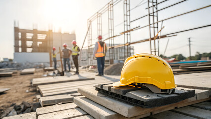 Protective helmet against construction background for Labor Day.