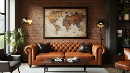 Cozy and Inviting Living Room Featuring a Comfortable Couch Complemented by a Large World Map on the Wall Creating a Warm Atmosphere Ideal for Relaxation and Conversation with Friends
