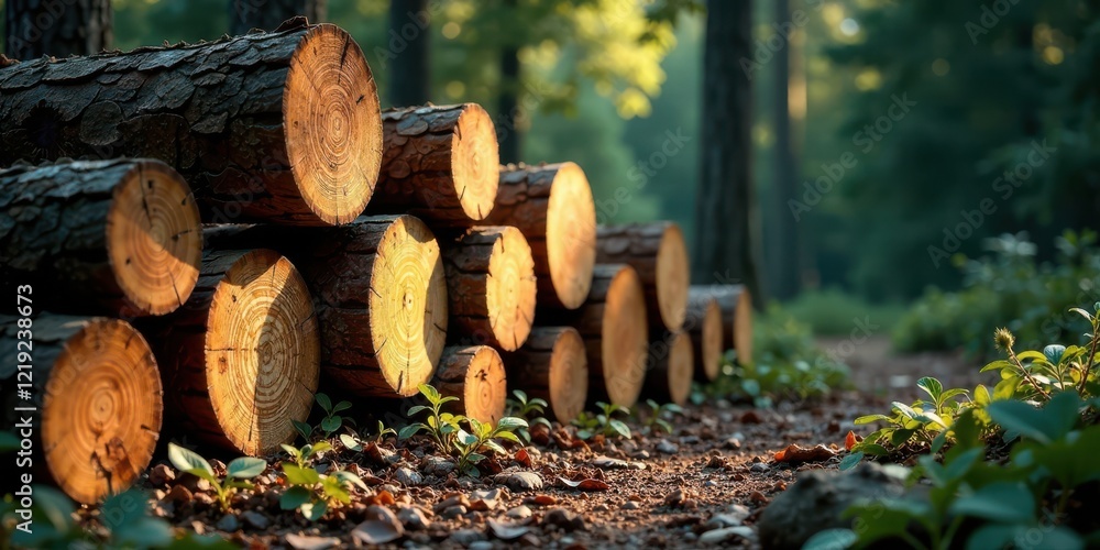 Poster Sunlit Forest Logs Resting on a Forest Path