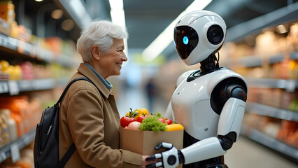 Obraz premium A humanoid robot assists an elderly Caucasian woman with her groceries, smiling as it carries a shopping bag filled with fresh produce in a bright market setting