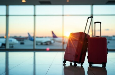 suitcases by the window at an airport runway takeoff