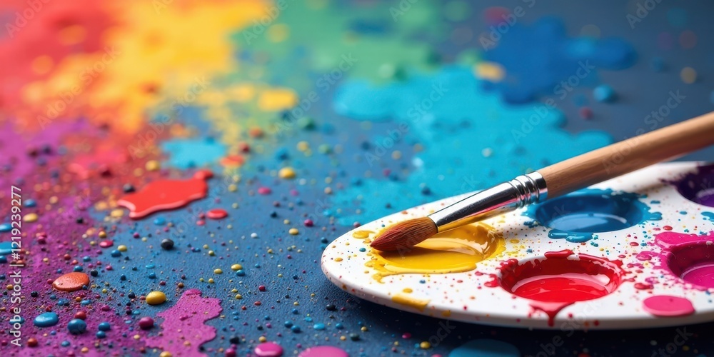 Poster Vibrant Hues and Artistic Expression A Paintbrush Rests on a Colorful Palette Amidst a Spatter of Joyful Colors