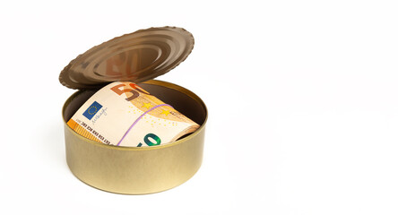 50 Euro banknotes in an open tin can, on white background.
