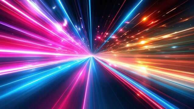 Abstract light trails, colorful energy beams, high speed motion, futuristic tunnel, neon colors, vibrant pink and blue, dynamic composition, sci-fi atmosphere, hyperspace effect, long exposure photogr