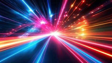 Abstract light trails, colorful energy beams, high speed motion, futuristic tunnel, neon colors, vibrant pink and blue, dynamic composition, sci-fi atmosphere, hyperspace effect, long exposure photogr