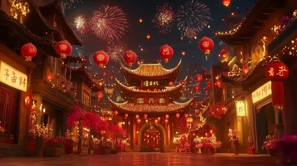 Obraz premium Festive Chinese New Year night scene with fireworks, lanterns, and traditional architecture. (2)