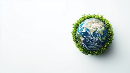 Fototapeta premium A clean Earth Day concept on a white background features a globe surrounded by green leaves, symbolizing sustainability and unity for World Environment Day.