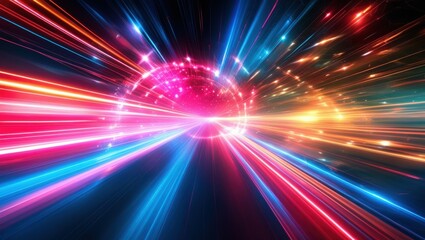 Abstract light trails, colorful energy beams, high speed motion, futuristic tunnel, neon colors, vibrant pink and blue, dynamic composition, sci-fi atmosphere, hyperspace effect, long exposure photogr
