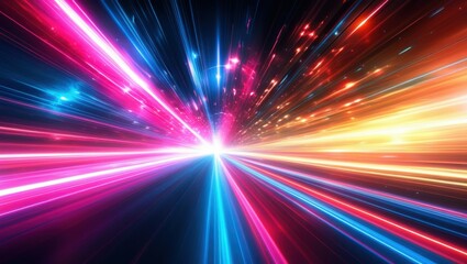 Abstract light trails, colorful energy beams, high speed motion, futuristic tunnel, neon colors, vibrant pink and blue, dynamic composition, sci-fi atmosphere, hyperspace effect, long exposure photogr