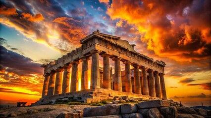 Obraz premium Parthenon Athens Greece Silhouette Sunset Dramatic Sky Ancient Greek Temple