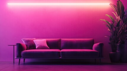 Pink neon living room, sofa, plant, relaxing atmosphere, interior design