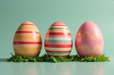 Naklejka premium colorful glossy easter eggs with striped patterns on neutral background concept of easter decoration, festive celebration, spring season. copyspace