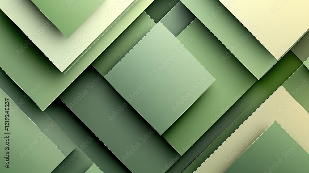 Poster abstract geometric pattern with overlapping green and cream squares and rectangles.