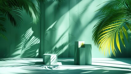 Tropical paradise, palm leaves shadows, turquoise wall, sunlight streaming, minimalist scene, beach vibes, summer aesthetic, soft lighting, tranquil atmosphere, architectural detail, clean lines, natu