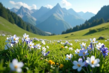 Obraz premium Alpine meadow landscape with Scilla bifolia alpine squill, scilla bifolia, white flowers, natural landscape
