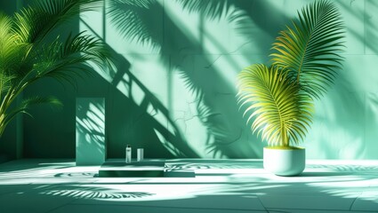 Tropical paradise, palm leaves shadows, turquoise wall, sunlight streaming, minimalist scene, beach vibes, summer aesthetic, soft lighting, tranquil atmosphere, architectural detail, clean lines, natu