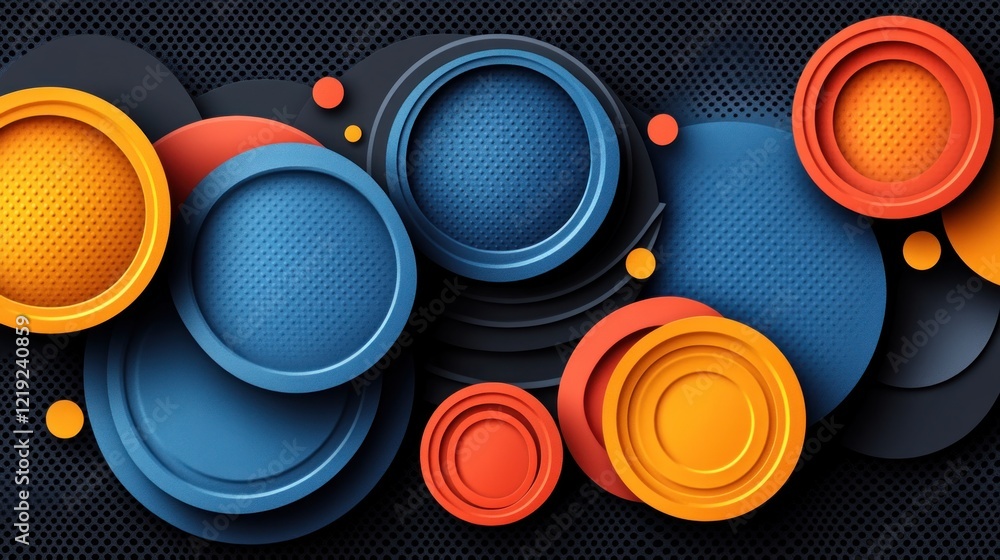 Poster abstract geometric pattern of overlapping colorful circles on a dark background.