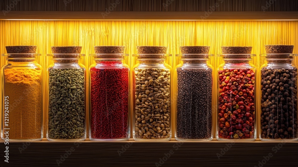 Poster vibrant array of spices in glass jars with cork lids illuminated by warm light on wooden background 