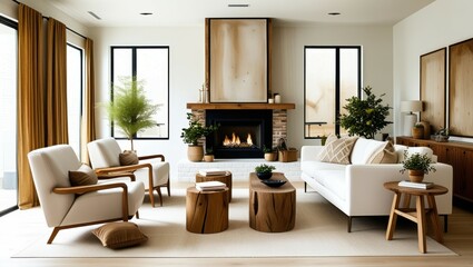 Modern living room, minimalist design, neutral color palette, fireplace, white sofa, wooden coffee table, mid-century armchair, large windows, natural light, potted plant, abstract wall art, accent wa