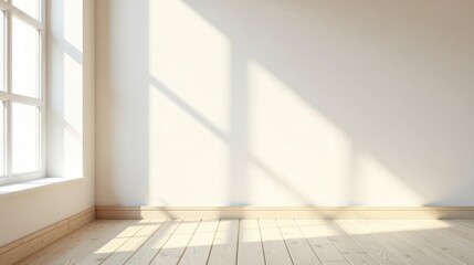Sunlight Illuminates an Empty Room with Light Wooden Floor and White Walls, Ideal for Interior Design Presentation or Mockup