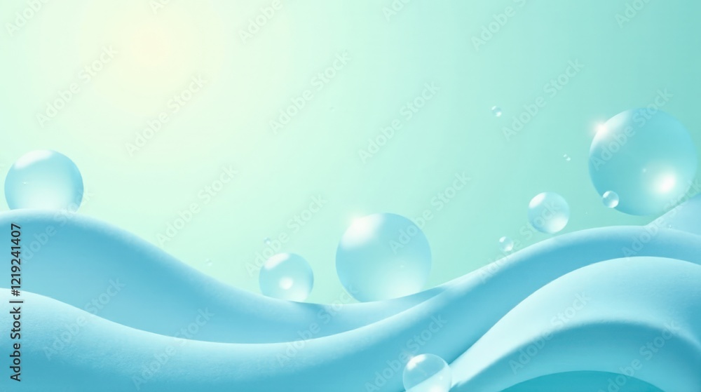Poster serene aqua waves with floating spheres a gentle, abstract background image for design projects