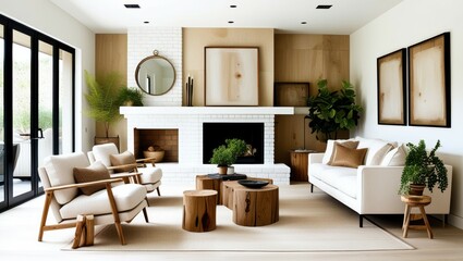 Modern living room, minimalist design, neutral color palette, fireplace, white sofa, wooden coffee table, mid-century armchair, large windows, natural light, potted plant, abstract wall art, accent wa