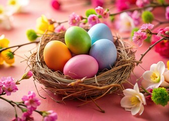 Close-up of Easter Eggs in Flower-Decorated Nest on Pink Background - Spring Holiday Decoration