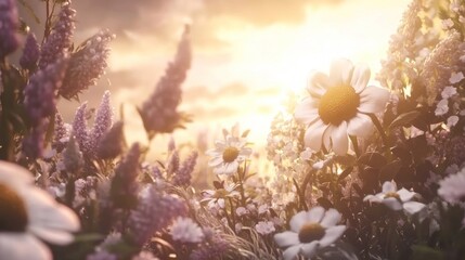 Sunset illuminating wildflowers in a field.