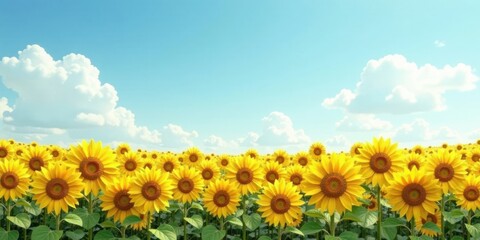 Obraz premium Serene Summer Sunflowers Blooming Under a Bright Blue Sky with Fluffy White Clouds