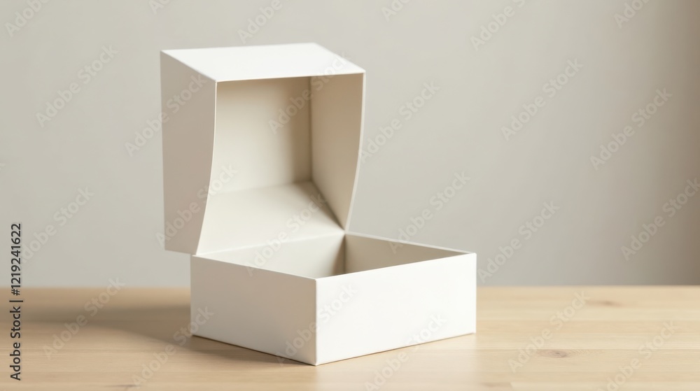 Poster a pristine empty white cardboard box sits ajar on a light wood surface, ready for your product or gi
