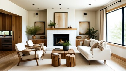 Fototapeta premium Modern living room, minimalist design, neutral color palette, fireplace, white sofa, wooden coffee table, mid-century armchair, large windows, natural light, potted plant, abstract wall art, accent wa